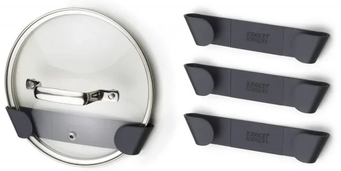 Juego de 4 sujeciones interiores para tapas de cazuela Joseph Joseph CupboardStore™, fácil instalación con cinta adhesiva 3M™, gris, organizador para tapas de hasta 24 cm