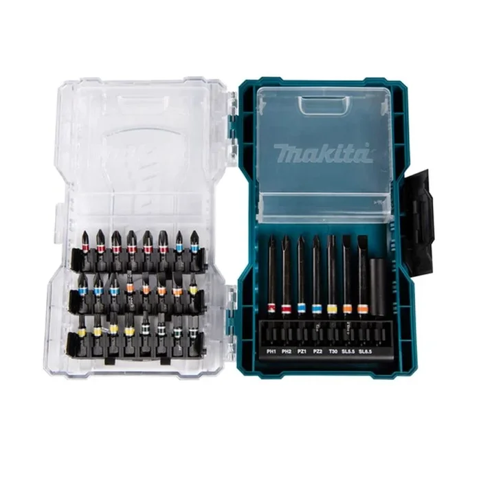Juego de brocas y puntas 32 piezas Makita E-07076, set de herramientas manuales para perforar y atornillar, ideal para uso profesional, acero resistente, color negro y plateado