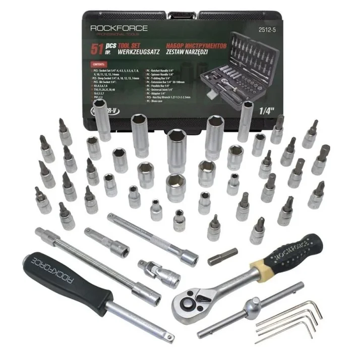 Juego de herramientas ROCKFORCE ZESTAW KLUCZY 1/4″ 51el., set mecánico profesional, ideal para bricolaje y precisión, acero cromo vanadio, diseño compacto y metálico