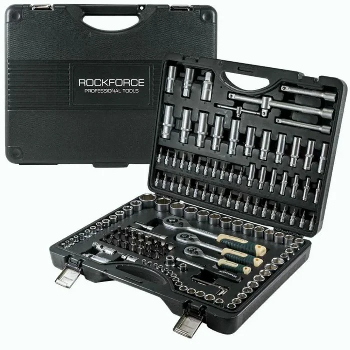 Juego de llaves Rockforce 150el, set de llaves, uso mecánico y automotriz, 150 piezas con estuche resistente y diseño ergonómico, color metálico