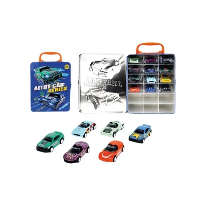 Jugatoys – Set de 12 Coches de Juguete con Retrofricción y Maletín de Metal para Guardar – Vehículos Mini para Niños y Niñas A Partir de 3 Años – Juego de Carreras Divertido y Portátil