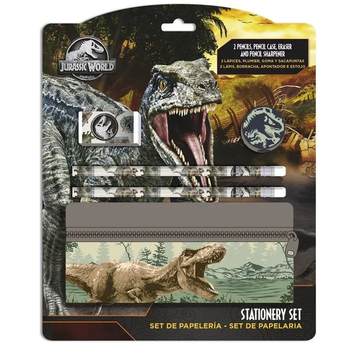 Jurassic World-Set de Papelería con Portatodo, Estuche, sacapuntas, Goma de borrar y lápices, Material Escolar, Regalo, Multicolor, Producto Oficial (CyP Brands)