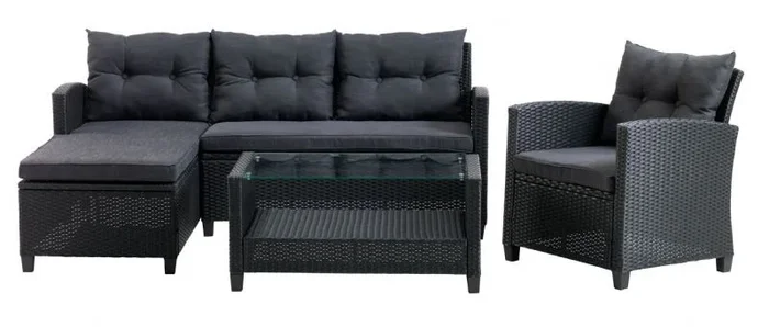 Jysk Conjunto de muebles de jardín MORA 4 plazas (sofá de esquina + mesa + sillón) negro