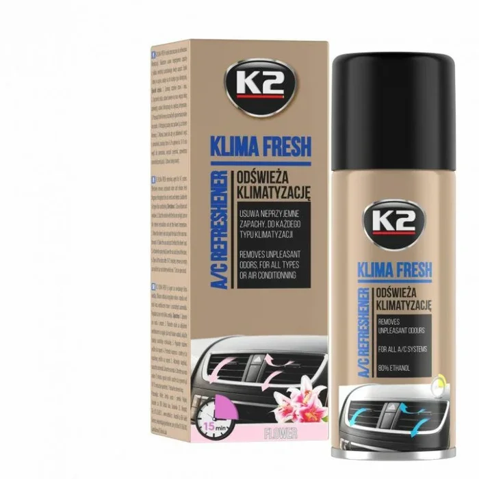 K2 KLIMA FRESH FLOWER, refinador de aire limpio, modelo de 150 ml, ambientador para coche, fragancia floral fresca, elimina malos olores, fórmula duradera y eficaz.