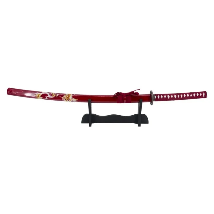 Katana 15343R de 102 cm hoja de acero, con vaina roja con decoración de dragón, mango con encordado rojo, con soporte