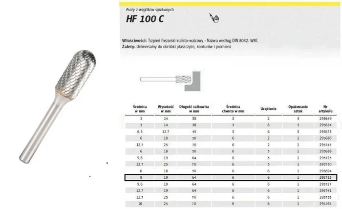 Klingspor 295713 Fresas de Metal Duro, HF 100 C, Dentado 6, 6 mm Diámetro del Vástago, 8 x 19 x 63 mm