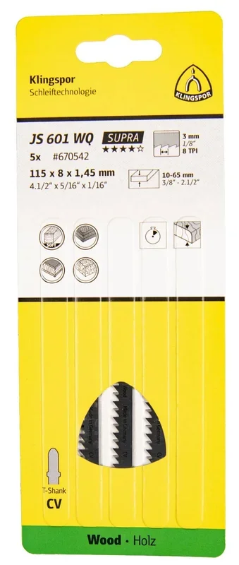 Klingspor JS 601 WQ 670542 – Hojas de sierra de calar (100 x 8 x 1,45 mm, 90 cromo-vanadio, afiladas, cónicas, 6 dientes por pulgada)
