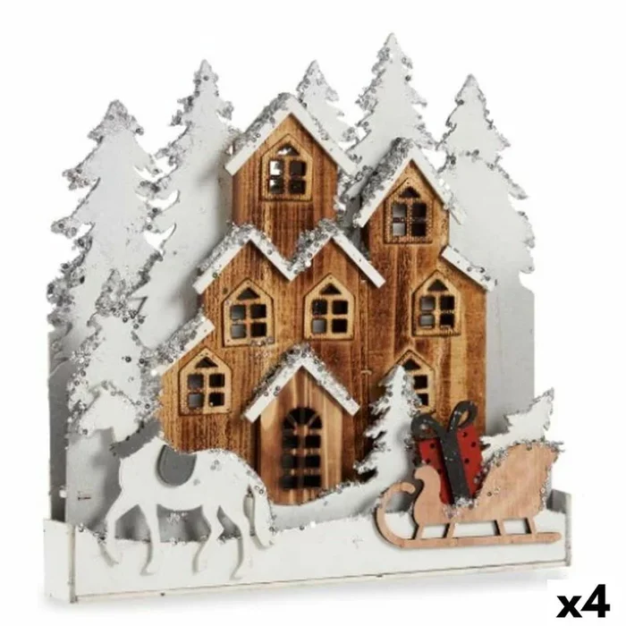 Krist+ Figura Decorativa Luz Pueblo Blanco Marrón Madera 44 x 44,5 x 6 cm (4 Unidades)