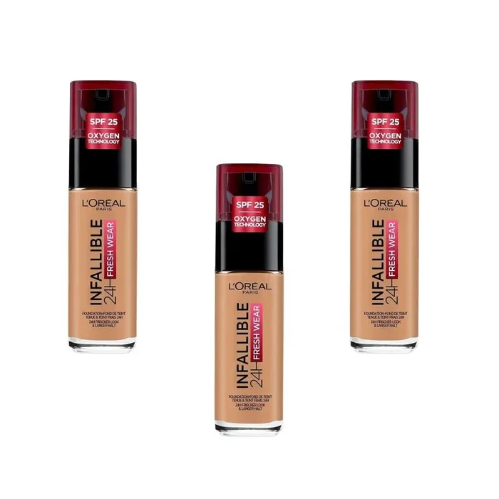 L’Oréal Paris Infalible 24H Fresh Wear Fondotinta Liquido Coprente Lunga Tenuta – 300 Ambre, Juego de 3 (3 x 30 ml)