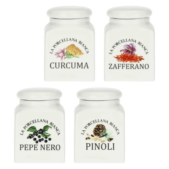 La Porcelana Blanca – Juego de especias de 4 piezas Mix – Conserva, tarros y recipientes – Tarros de cocina – Porcelana – 175 cc; 6,5 x 6,5 x 9,5 cm