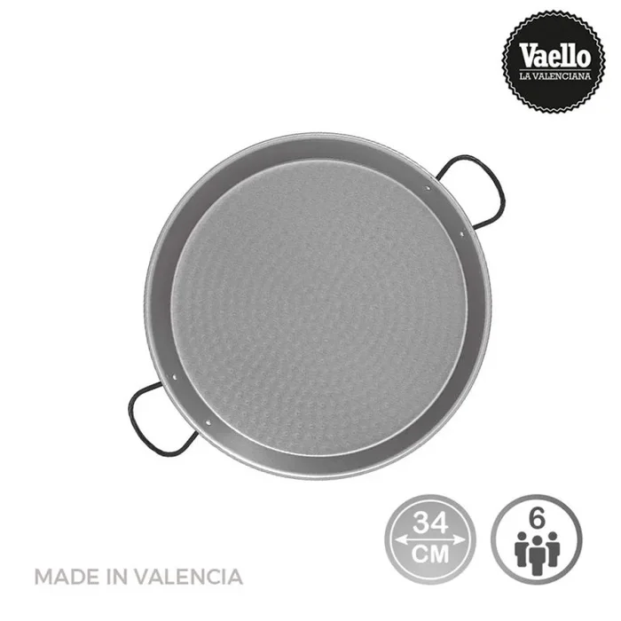 La Valenciana – Paella de Acero Pulido, con recubrimiento antiadherente (34 cm, Apta para inducción, Asas de cerámica), Color Negro