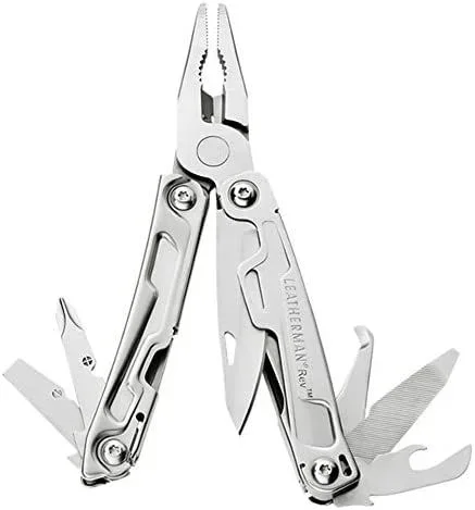 Leatherman Rev – Multiherramienta de bolsillo, 14 herramientas, hoja bloqueable para camping y bricolaje, de acero inoxidable con alicates, navaja y destornillador, hecho en EE.UU., con funda de nylon