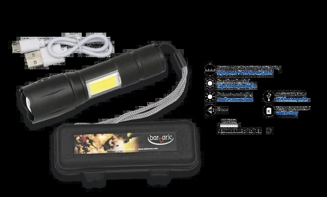 Linterna con Zoom, Barra LED y caja ABS Barbaric, recargable por USB, luz de alta potencia de 350 lms