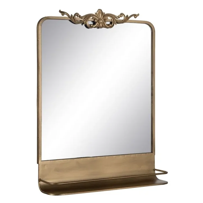 LOLAhome Espejo Grabado con Estante Dorado de Metal y Cristal de 62x16x65 cm