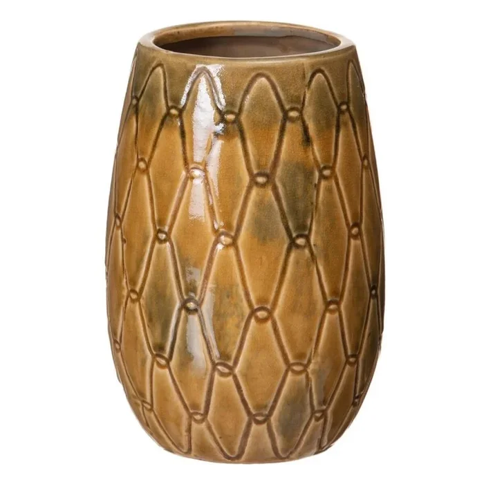 LOLAhome Jarrón Rombos de cerámica Mostaza de Ø 15×22 cm