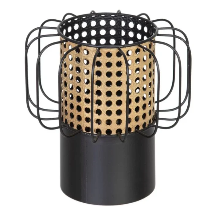LOLAhome Portavelas cilíndrico con trípode Negro y Natural de Metal de Ø 20×21 cm