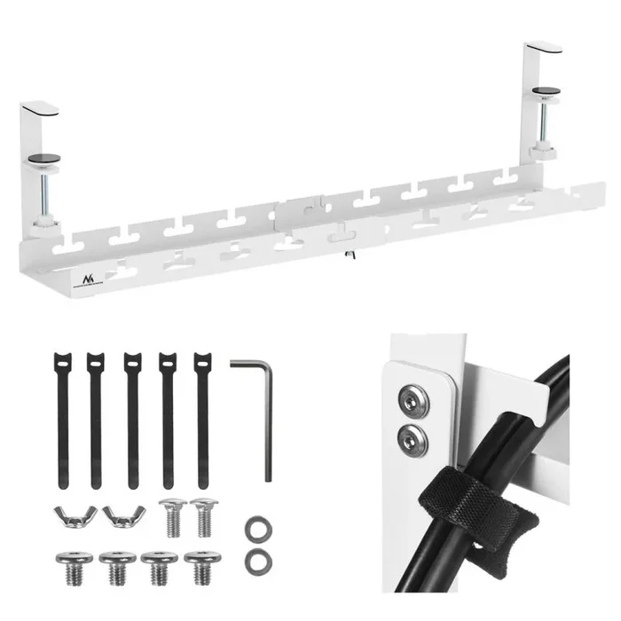 Maclean Organizador de Cables Ajustable para Debajo de la Mesa, fijación con Abrazadera, gestión de Cables para el hogar, Oficina, Juegos, soporta hasta 5 kg (Blanco, 1 Nivel/Longitud: 433 – 728 mm)