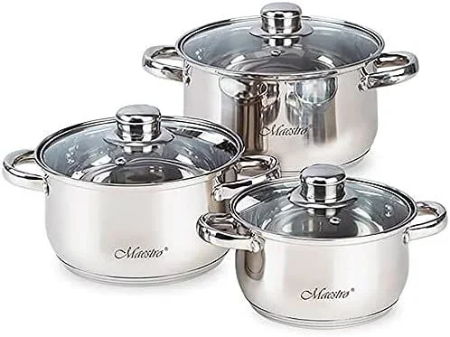 Maestro MR-2020-6M Batería de Cocina Acero Inoxidable, 6 Piezas, Inducción, 3 Cacerolas, 3 Tapas de Cristal, Apta para Todo Tipo de Cocinas, Apta Lavavajillas
