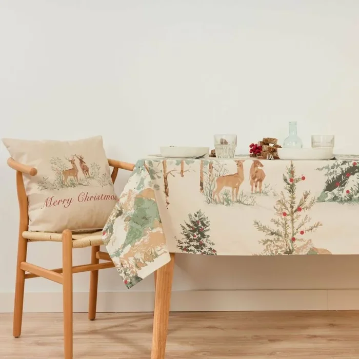 Mantel resinado antimanchas belum christmas deer marrón rojo verde lino 200 x 150 cm