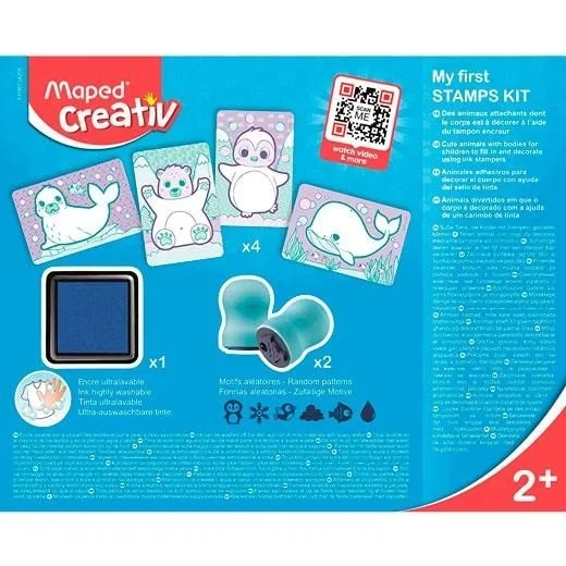 Maped – Manualidades para Niños – Mis Primeros Sellos – A Partir de 2 Años – Temática Polar – Incluye 4 Tarjetas Ilustradas, 2 Sellos Ergonómicos con Formas y 1 Tintero Azul