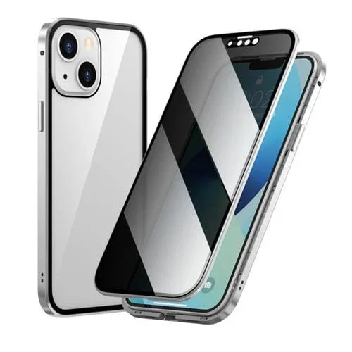 Marco de Metal Magnético Anti-Peeping Funda de Vidrio Templado Doble Cara para iPhone 13 Mini (Plata)