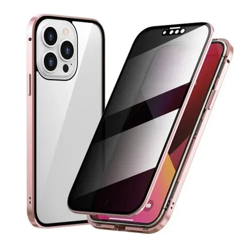 Marco de Metal Magnético Funda Vidrio Templado Doble Cara Anti-Peeping para iPhone 13 Pro (Rosa)