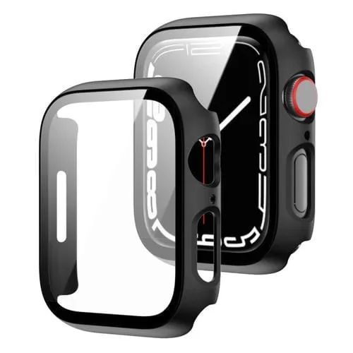 Marco de PC 2 En 1 y Estuche Protector de Vidrio Templado para Apple Watch Series 8/7 45mm (Negro)
