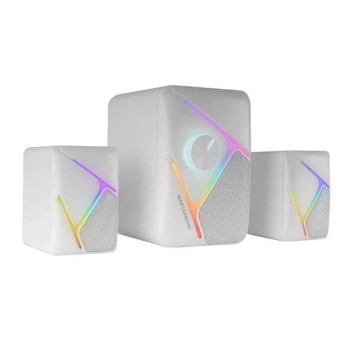 Mars Gaming MS-H21, Altavoces Gaming RGB 2.1 y Subwoofer 35W, Sistema Drivers Invertidos 3D Surround, Altavoces Compactos con Iluminación Dinámica RGB, Alimentación USB y Conector Jack 3.5mm, Blanco