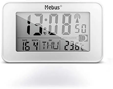 Mebus digitaler Funk-Wecker mit Mondkalender, Beleuchtung, Innenthermometer, Schlummer-Funktion/Material: Kunststoff/Farbe: Weiß/Modell: 51461