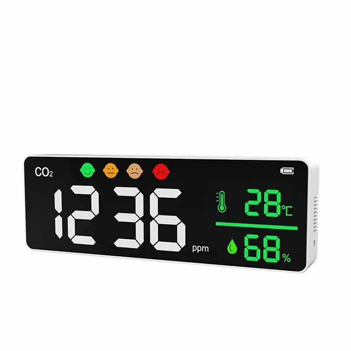 MEDIDOR CO2 DE Pared Sensor NDIR LEOTEC LCD Temperatura Y Humedad 3000mAh Alarma