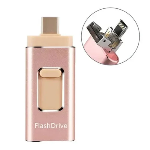 Memoria USB 3.0 Sh02 32Gb 4 en 1 con 8 Pin, Micro USB, Tipo-C y Función OTG (Oro Rosa)