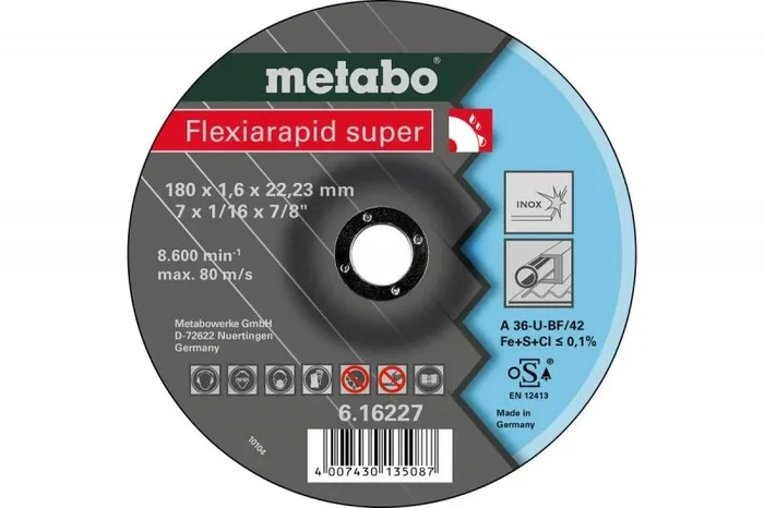 METABO 616227000 – Disco de tronzar para amoladora angular Flexiarapid Super A46-U-BF Inox HidroResist. embutido Ø 180 x 1,6 x 22,22 mm (Envase de 25 Ud)