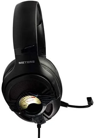 Meters M-LEVEL-UP, auriculares para videojuegos, sonido envolvente 7.1, micrófono desmontable, potentes controladores de 50 mm, control remoto en línea, RGB brillante personalizado y medidor VU único, compatible con PC, PS4 y Xbox, carbono
