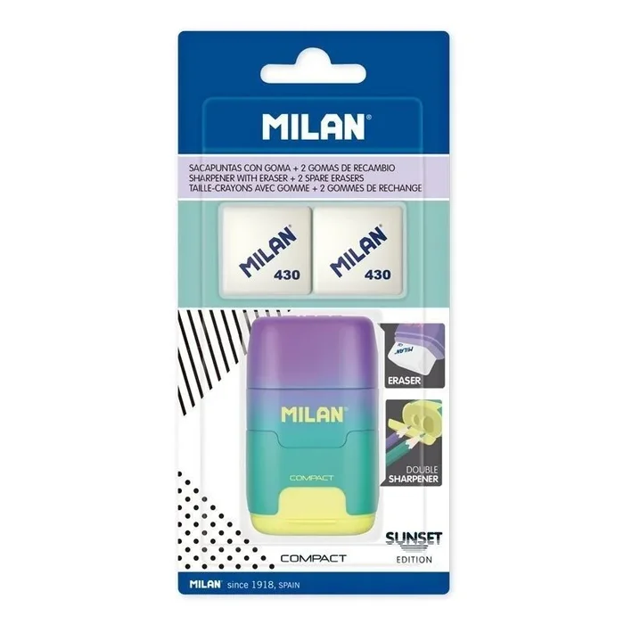Milan afilaborra compact sunset sacapuntas doble + 2 gomas de recambio blister turquesa/amarillo