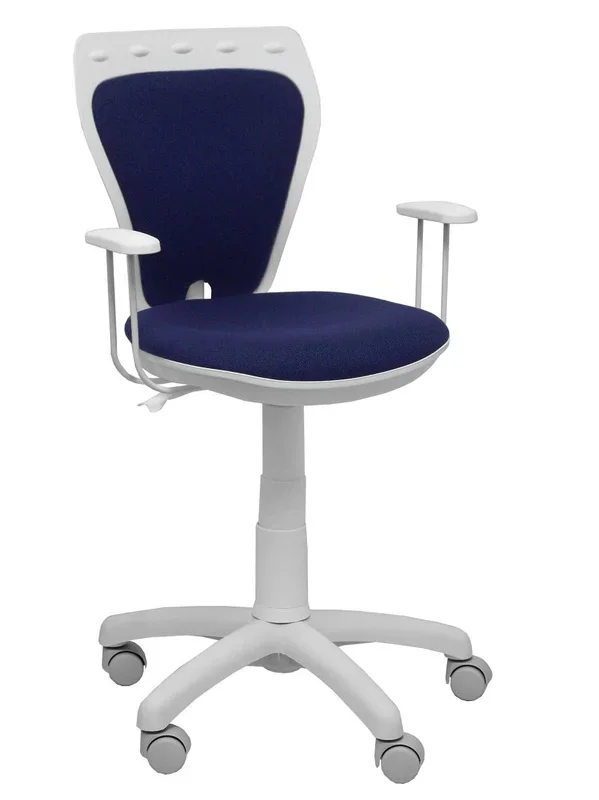 Minityle – Silla Juvenil ergonómica con Mecanismo de Contacto Lama, Regulable en Altura y con Brazos fijos Color Blanco – Asiento y Respaldo tapizados en Tejido Bali Color Azul Marino.