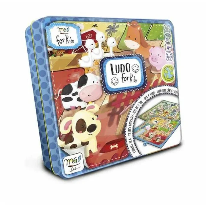 Mis primeros juegos, Ludo y el Juego de la Oca para niños y familias, juego clásico de mesa dentro de una caja de metal, fichas con temática de animales y dados de madera, para 2 a 4 jugadores