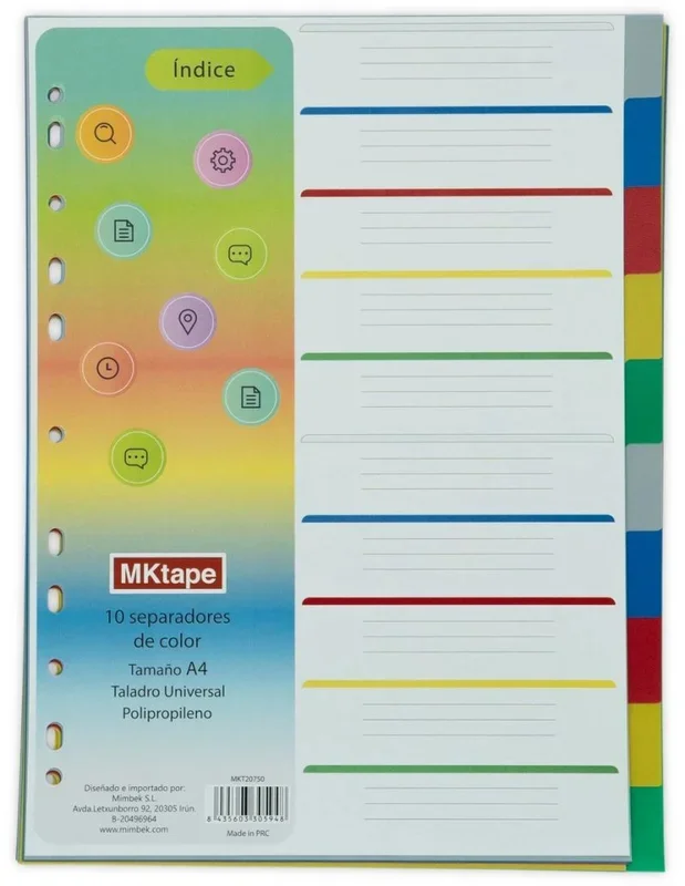 Mktape pack de 10 separadores – tamaño a4 – taladros universales – fabricado en propileno – color variados