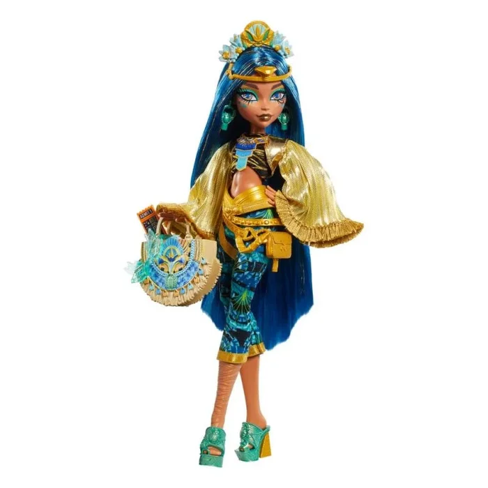 Monster High Monster Fest Cleo de Nile, Muñeca Momia con Top de Flecos Dorados, Pantalones Joya y Accesorios con temática de Festival, Juguete Regalo para niños y niñas +4 años, HXH81