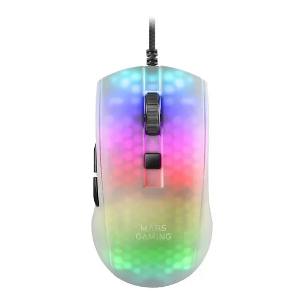 Mouse mars gaming mmr translucido white optico 12800dpi ultra ligero 58g iluminacion rgb switches mecanicos huano programables