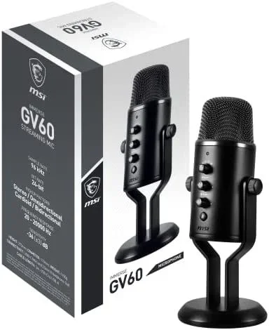 MSI IMMERSE GV60 Streaming Mic (Interfaz USB Type-C y Aux de 3,5 mm, para Aplicaciones Profesionales con Control intuitivo en 4 Modos: Estéreo, Omnidireccional, Cardioide y Bidireccional)