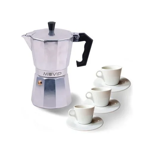 Muvip mv0600 cafetera de aluminio – capacidad 3 tazas – mango ergonomico – antiadherente – apta para placas electricas, vitroceramicas y gas – color aluminio