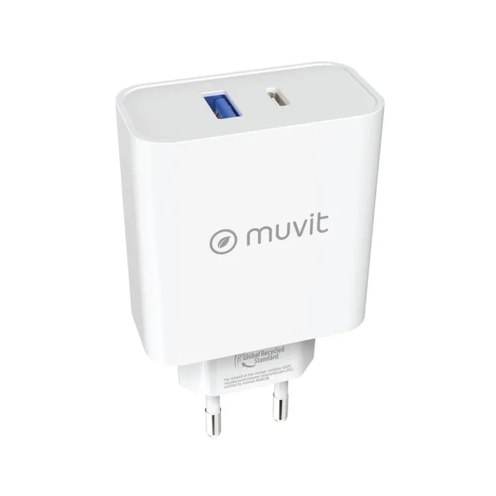 Muvit for change cargador de pared 1 usb qc 3.0 18w+1 tipo c pd 65w blanco