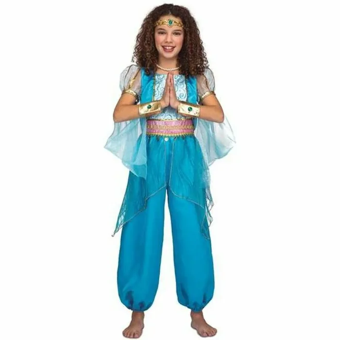 My Other Me – Disfraz infantil de princesa árabe, color turquesa. Consta de un mono con mangas de tul, detalles dorados y cinturón. Incluye collar de perlas y diadema dorada con gema. Talla 7-9 años