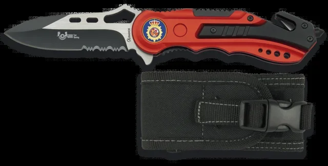 Navaja Albainox, hoja de 8,1 cm de acero Inox, con funda de nylon, punta rompevidrio, mango de aluminio, logo