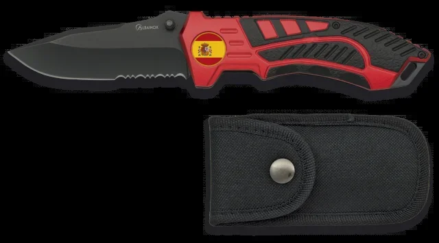 Navaja Cuerpos Especiales Martinez Albainox con mango Rojo/negro, Chapa Bandera de España, hoja de acero inoxidable de 8.1 cm. Incluye funda de Nylon 19650GR1046