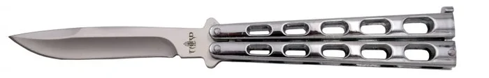 Navaja de abanico de práctica Third AM-K2919BX. Navaja con hoja de acero 420 acabada en satinado de 11 cm, mango de acero inox acabado en plateado.