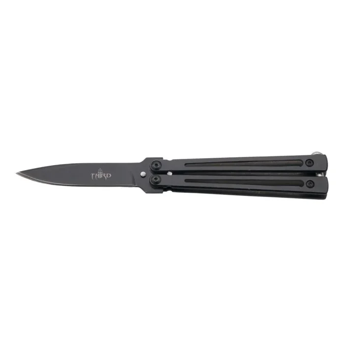 Navaja de abanico Third 15390N hoja de acero inox color negro de 7.5 cm, mango de acero inox abierto color negro.