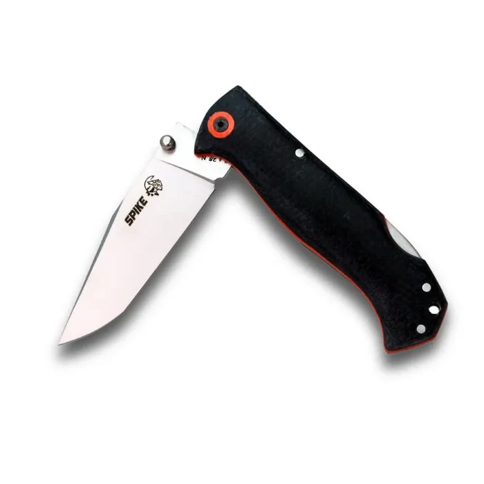 Navaja de aventura J&V SPIKE , hoja acero 14C28N, filo TANTO, mango Micarta negra con separadores rojos, funda nylon negra, 9 cm, camping y caza