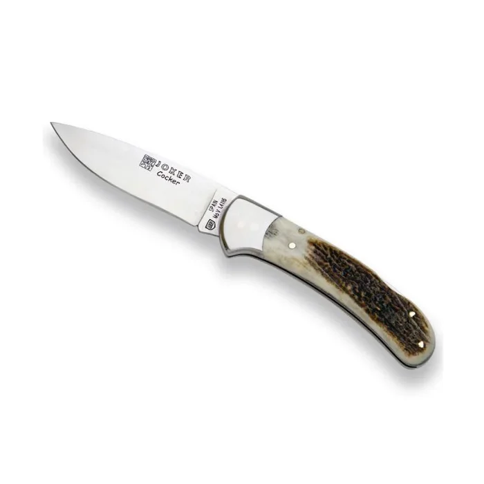 Navaja de caza Joker «Cocker» NC47, mango de asta de ciervo, hoja de 9 cm, virola inox, herramienta de pesca, caza, camping y senderismo