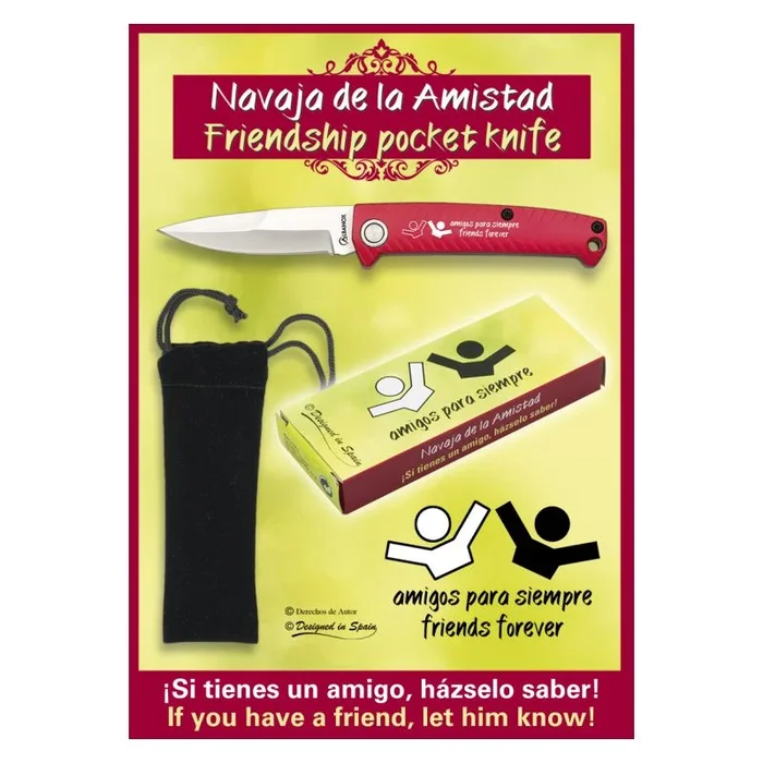 Navaja de la amistad Albainox color rojo, con funda de terciopelo, mango de aluminio, hoja de acero inoxidable de 6,4 cm, 19733